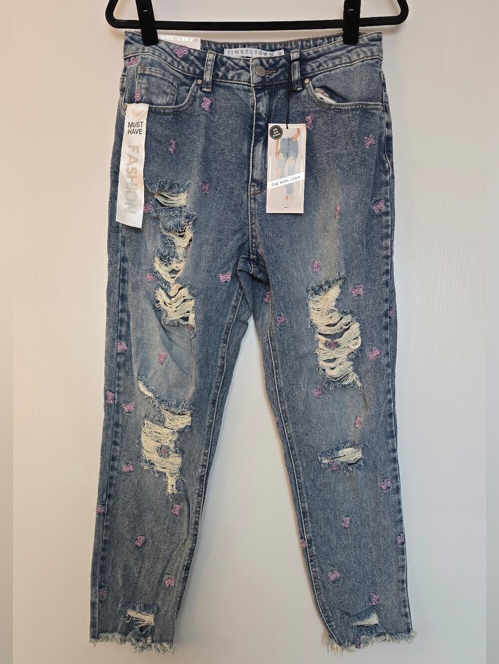 Tinseltown - (NWT) Distressed Butterfly Embroidered High-Rise Mom Jeans Pockets